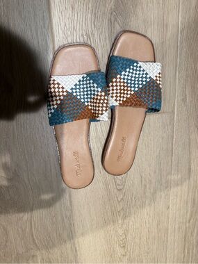 Madewell Women’s Teal Brown White Woven Slide Sandals